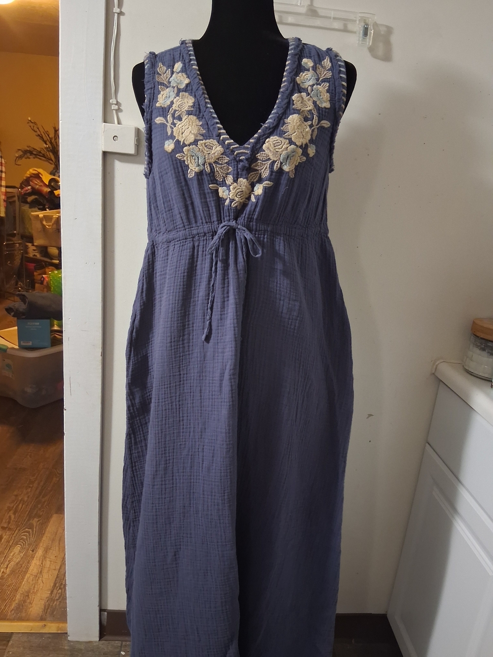Johnny Was Blue Maxi Dress with Cream Floral Appliquรฉ
